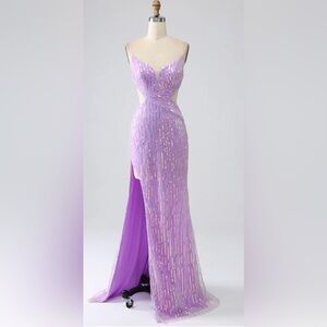 NWOT SZ 4 Sparkly Purple Mermaid Spaghetti Strap Sequin Formal Dress w/Slit